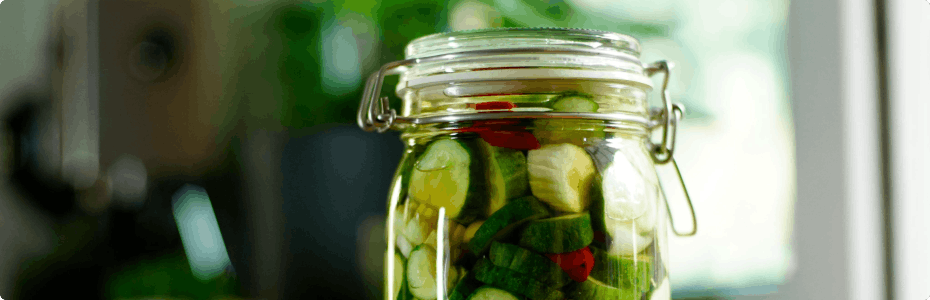 Jar of pickled Beetroot, courgette, cucumber, grapes, pears and peppers.