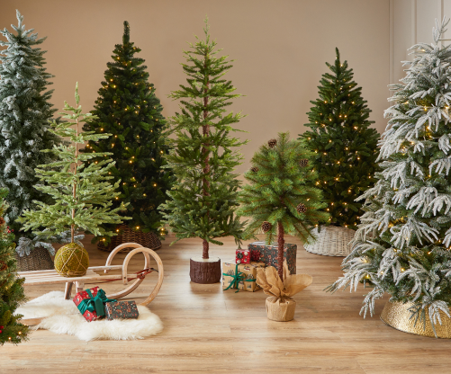 A display of different sized Christmas trees