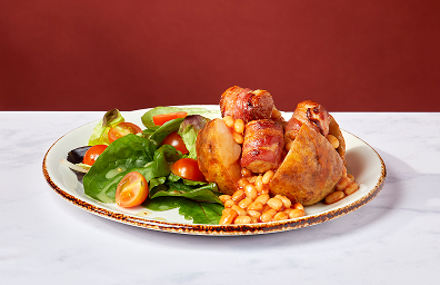 Try our new fully loaded jacket potato with beans and pigs in blankets