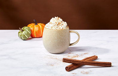Sip on *the* flavour of the season with a cream - topped pumpkin spiced latte