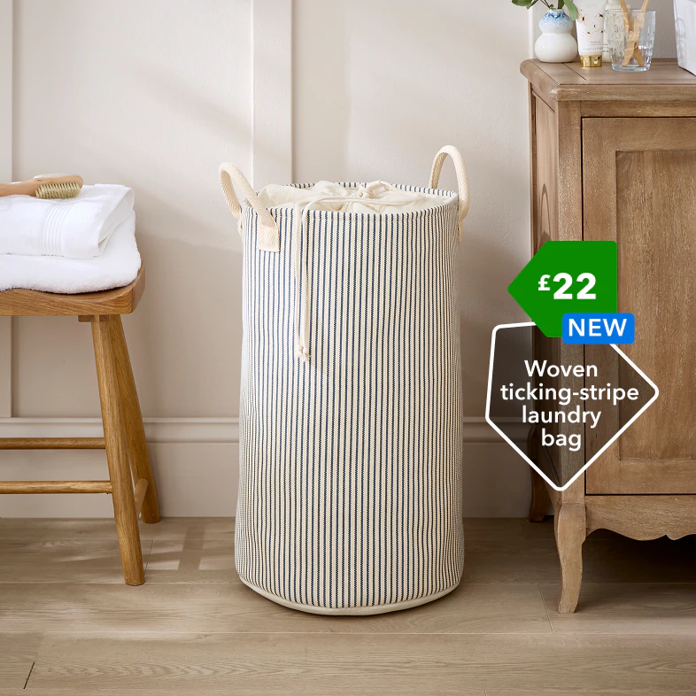 Woven
ticking-stripe
laundry
bag £22