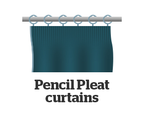 Pencil pleat curtains offer a traditional curtain header and are attached to a curtain track or pole with hooks or rings. You can achieve the amount of gather you desire by adjusting the curtain header via its strings. The end result is neat pencil-like pleats that go with a range of decors.  