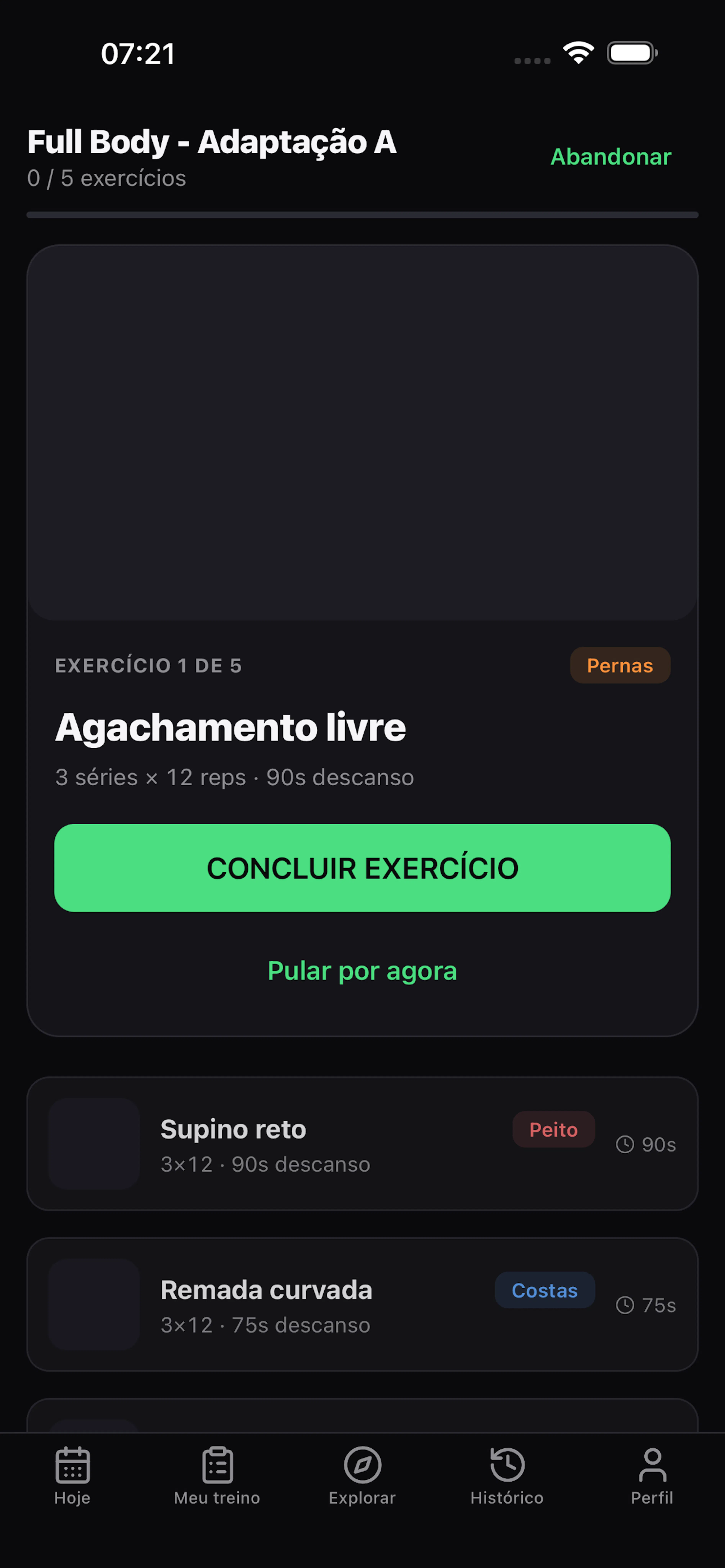 Execução de treino com timer no DuFit
