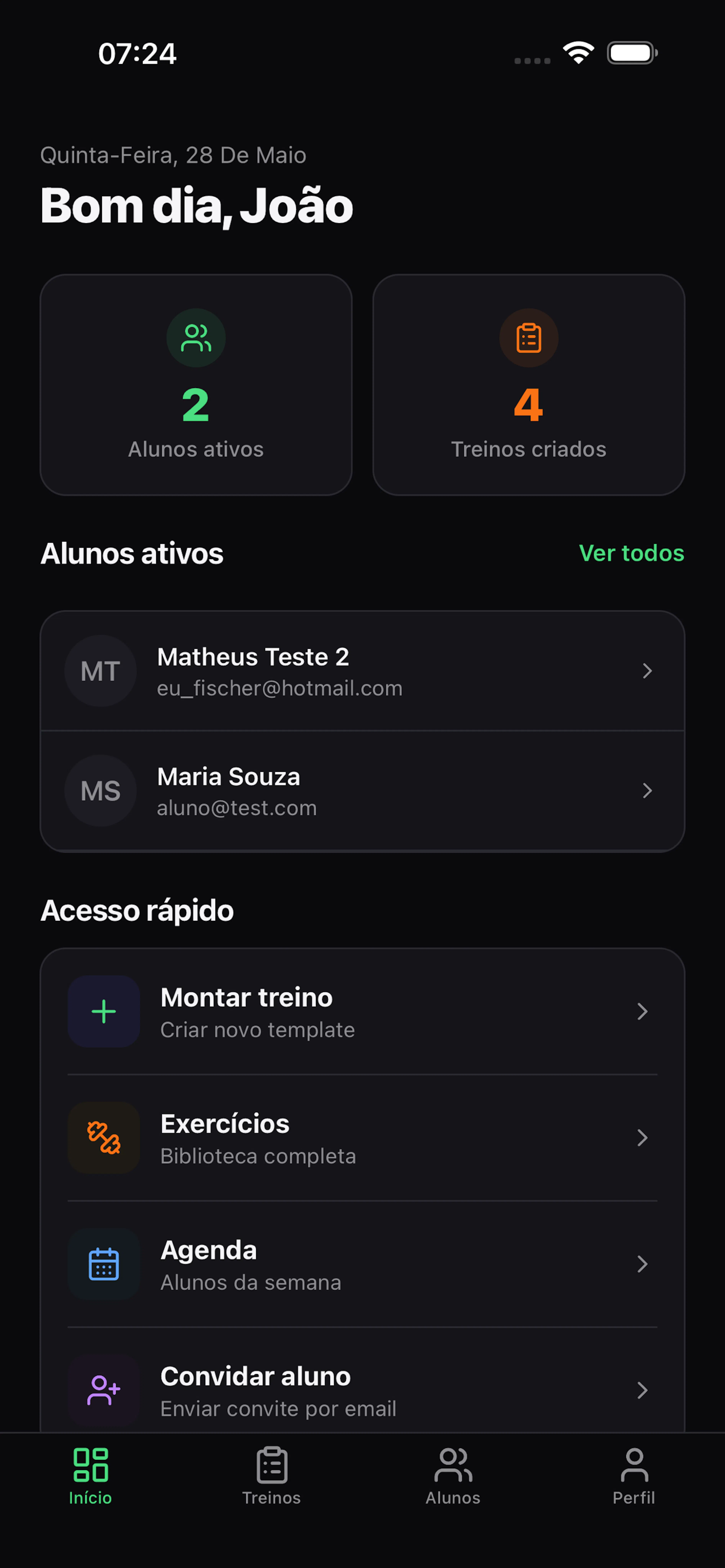 Painel do personal no DuFit