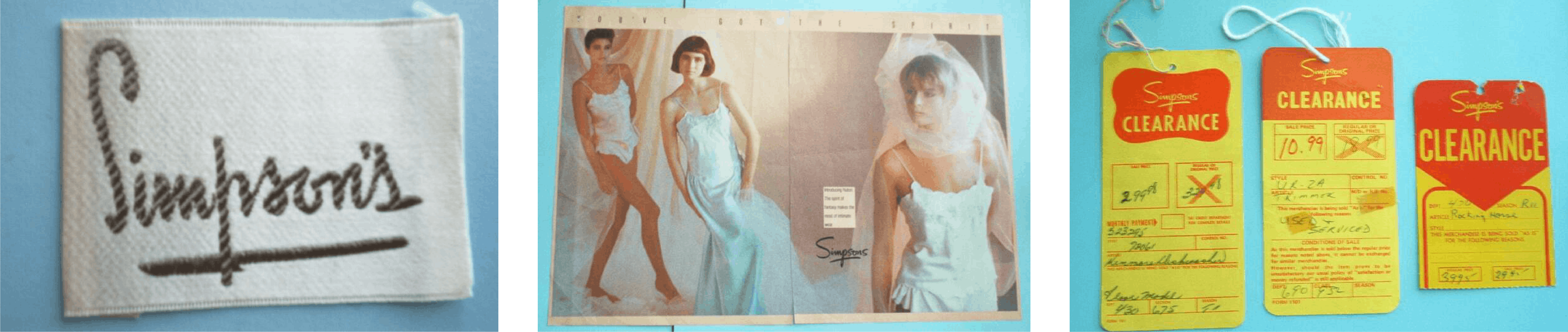  Images d&#039;archive d&#039;une étiquette du magasin Simpson, d&#039;une publicité pour de la lingerie et pour des soldes