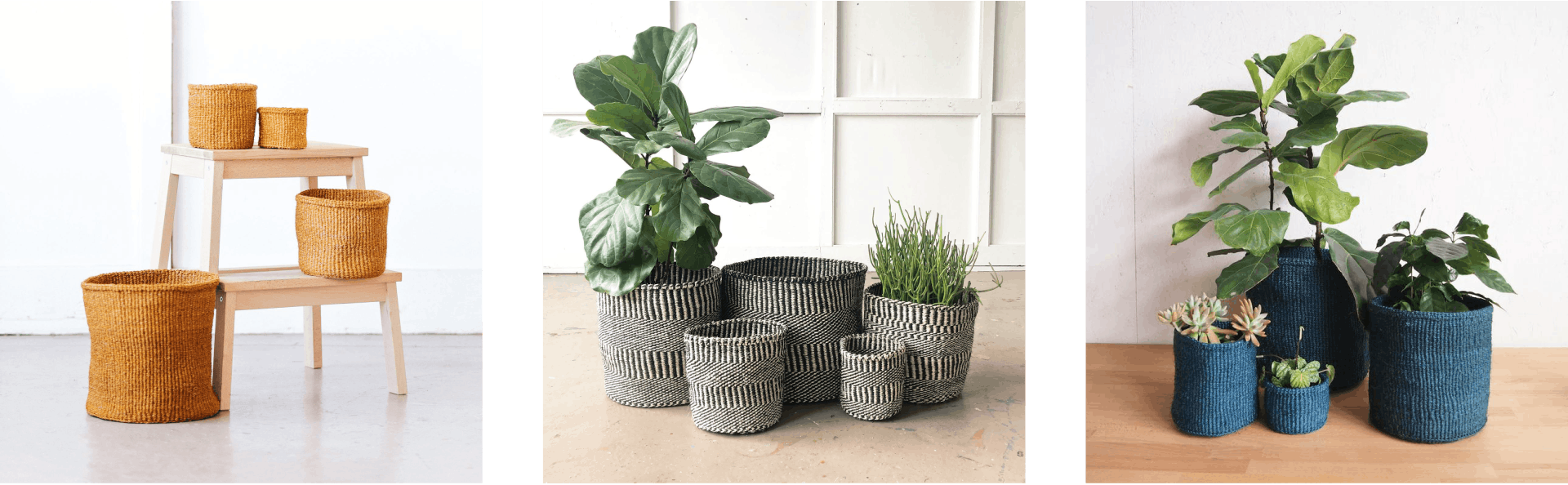  Three images of orange, grey, and blue woven planters in varying sizes.