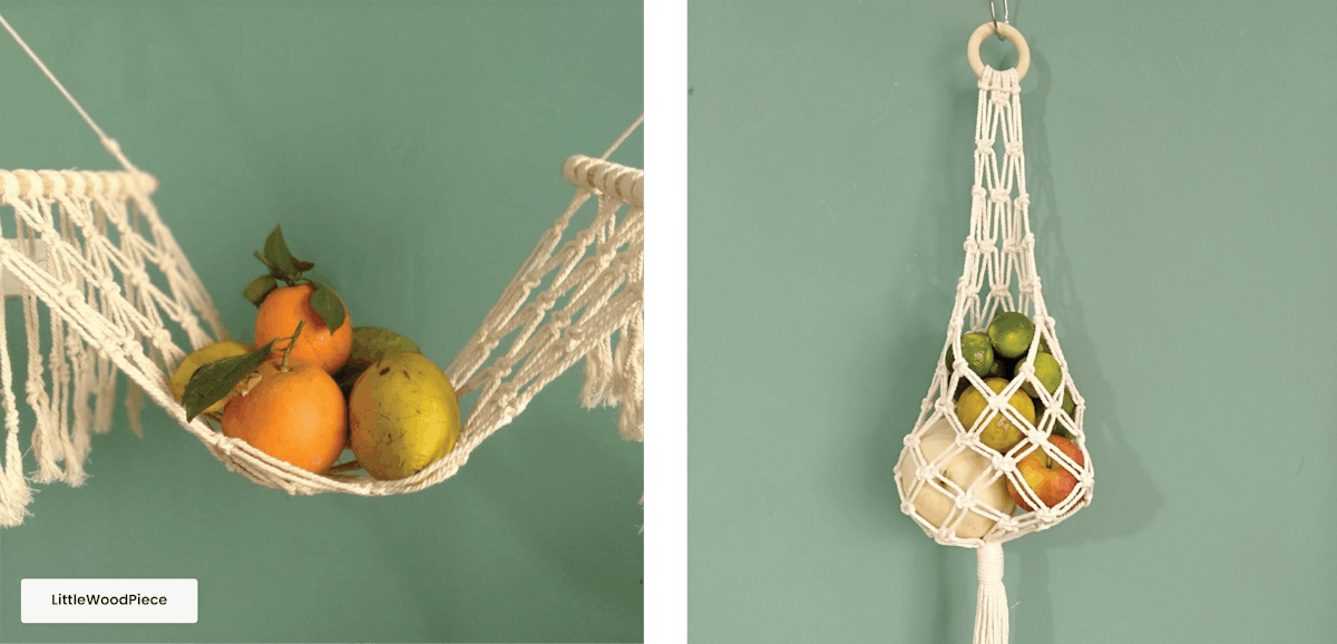  A macrame fruit holder and fruit tote.