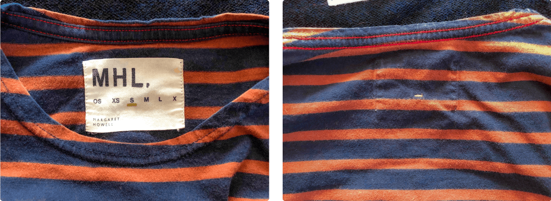  primo piano di un&#039;etichetta per abbigliamento su una t-shirt a righe blu e arancione