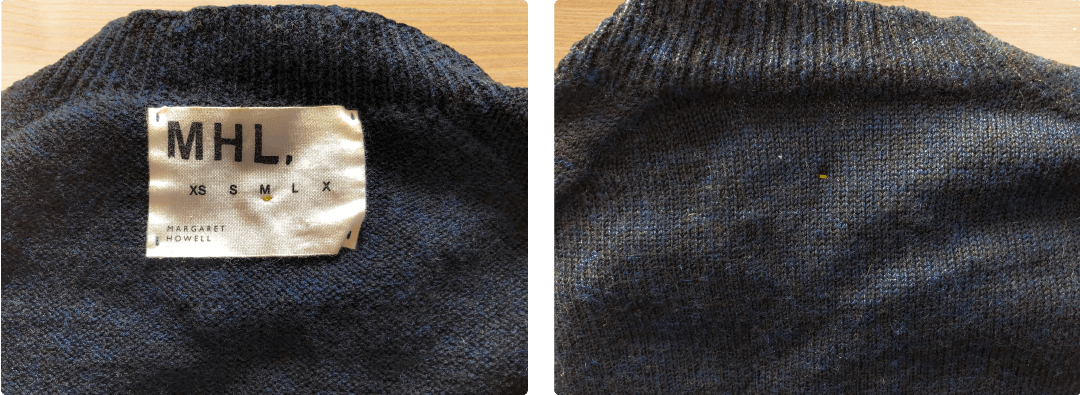  close-up van een kledinglabel op een gebreide sweater