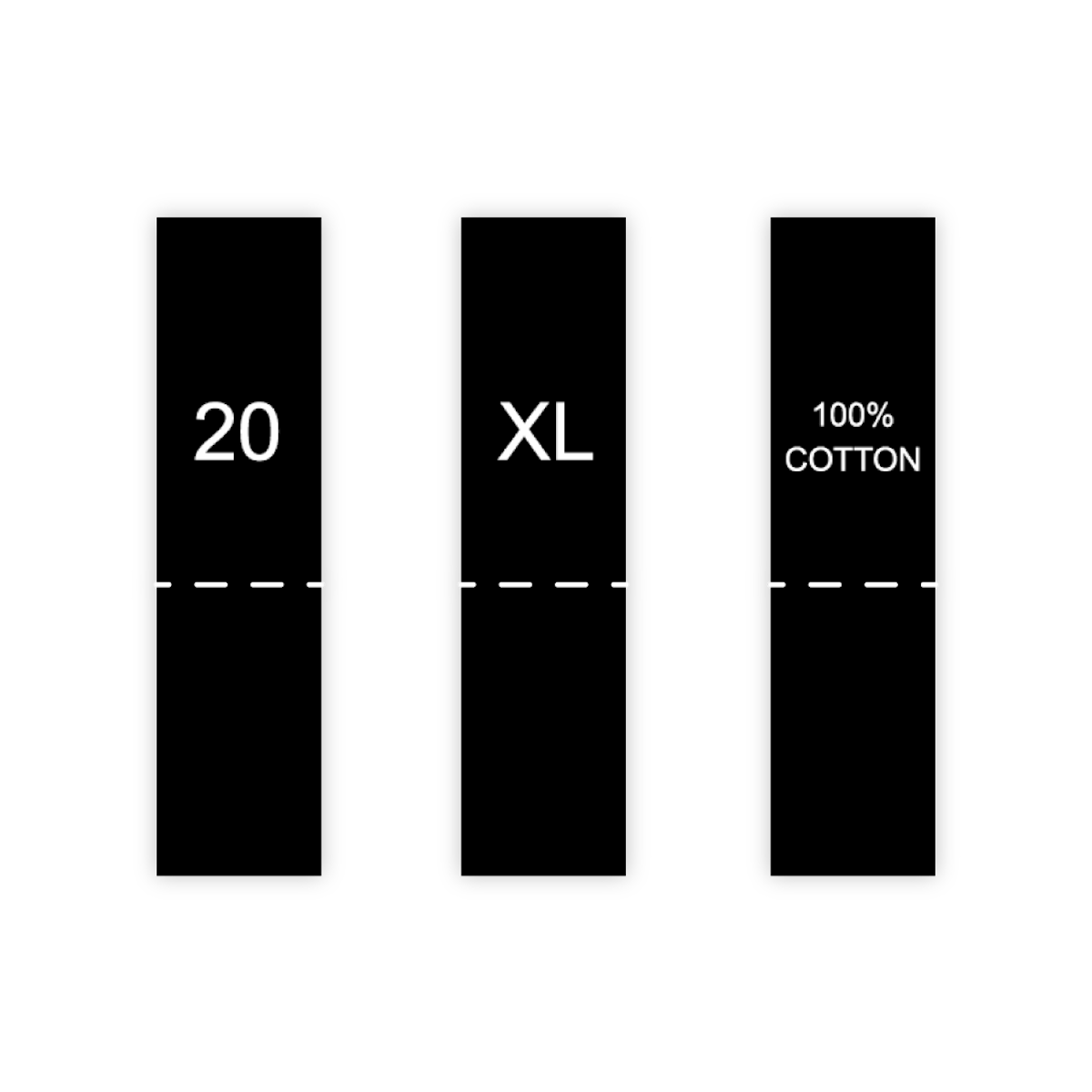 Assortment of size and content woven labels including a size 20 label, a size xl label, and a 100% cotton label Assortment of size and content woven labels including a size 20 label, a size xl label, and a 100% cotton label