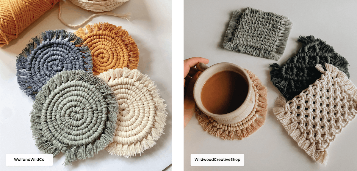 Round macrame coasters in various colors, and woven square macrame coasters with a coffee cup.