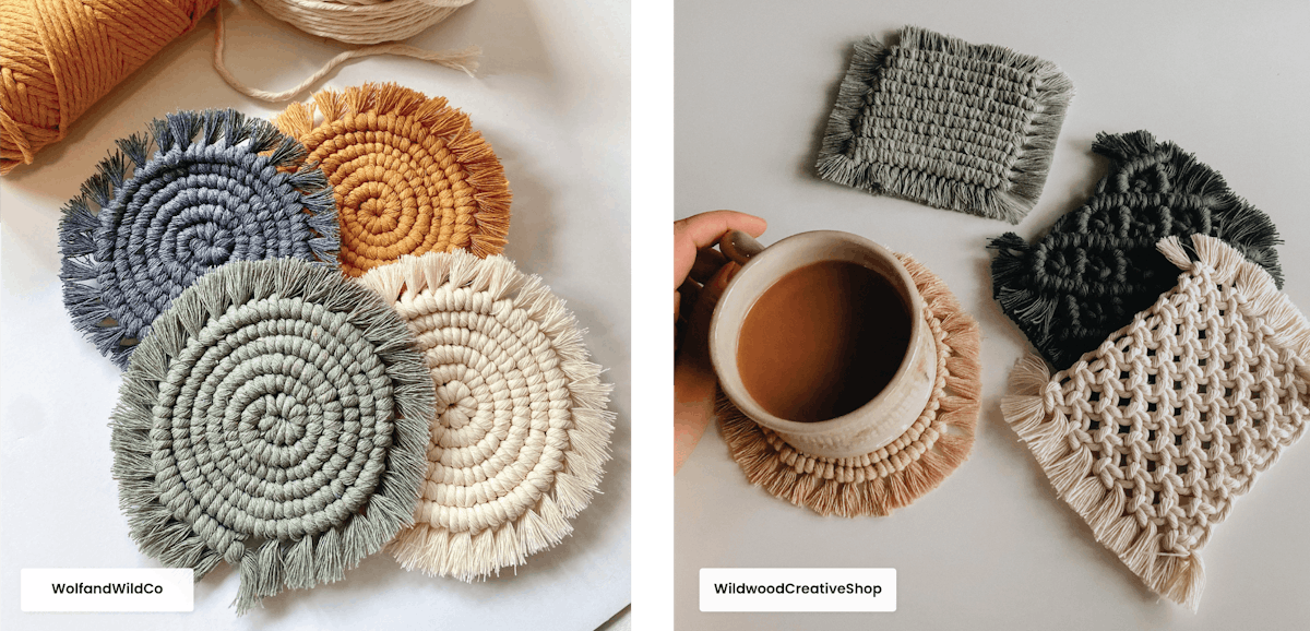 Runde Makramee-Untersetzer in verschiedenen Farben und gewebte quadratische Makramee-Untersetzer mit Kaffeetasse. Runde Makramee-Untersetzer in verschiedenen Farben und gewebte quadratische Makramee-Untersetzer mit Kaffeetasse.
