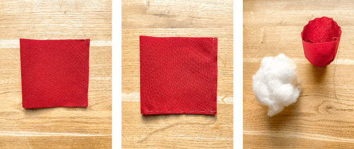  Passi per la cucitura di un puntaspilli. Piegare e cucire il tessuto rosso.