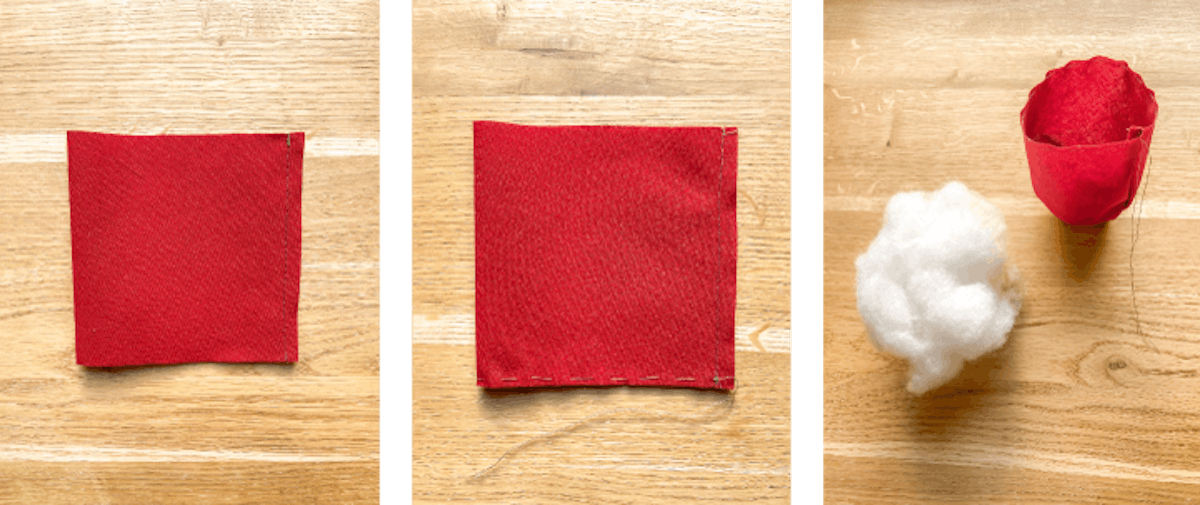 Passi per la cucitura di un puntaspilli. Piegare e cucire il tessuto rosso. Passi per la cucitura di un puntaspilli. Piegare e cucire il tessuto rosso.