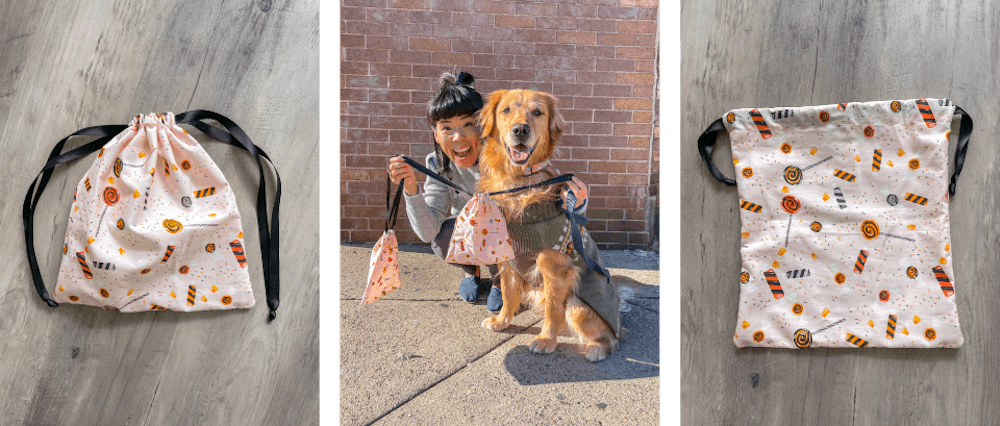  drawstring bag and woman with dog holding drawstring bag