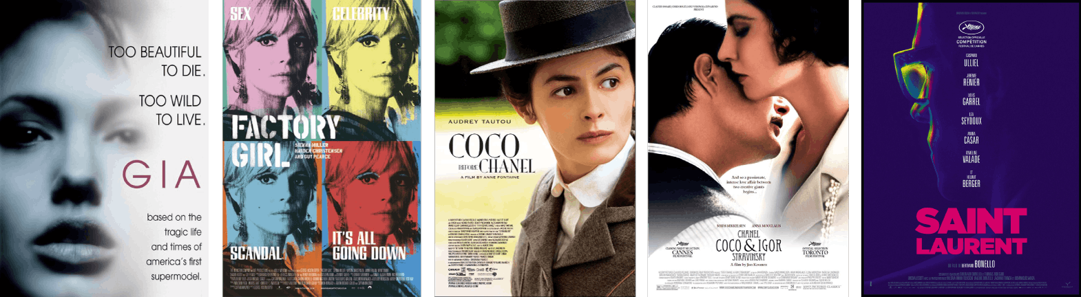  vijf posters van biografische modefilms waaronder Gia, Factory Girl, Coco Before Chanel en meer