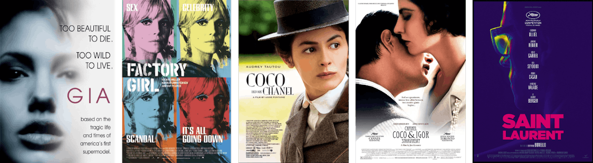  cinque locandine di film biografici sulla moda da vedere: Gia, Factory Girl, Coco avant Chanel, etc.