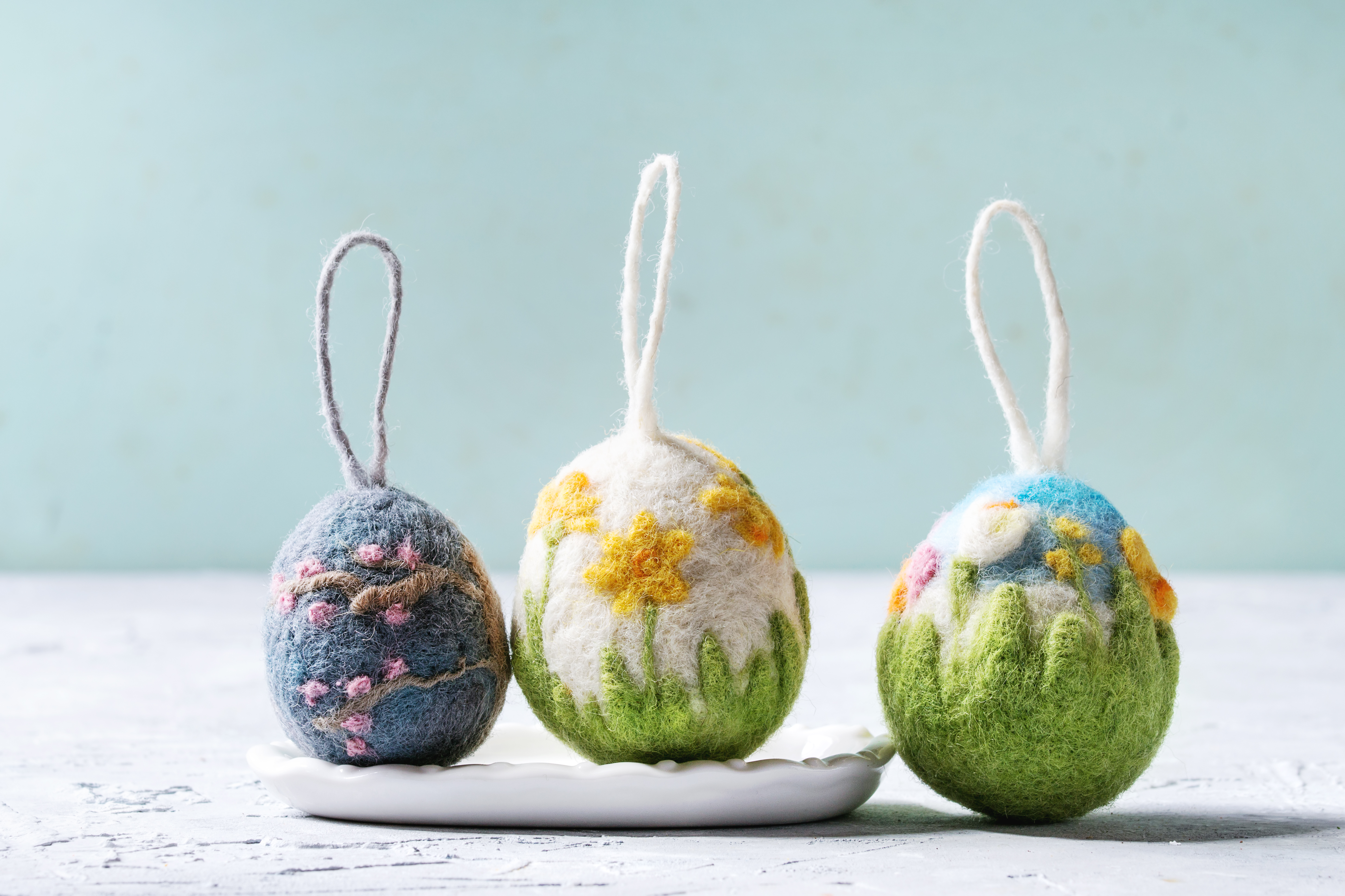  wool felt eggs with floral decorations