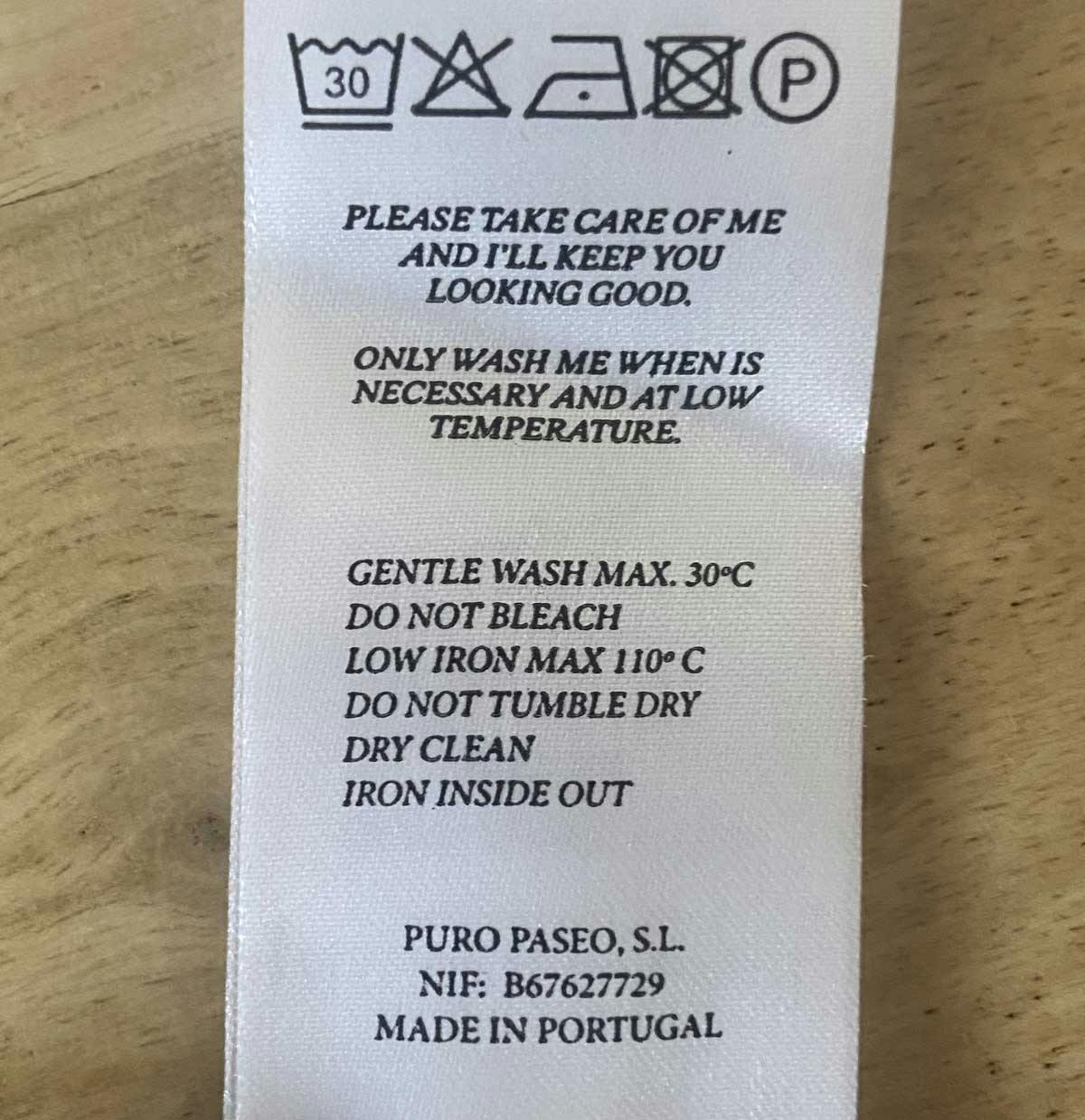  Washing tag for garment 