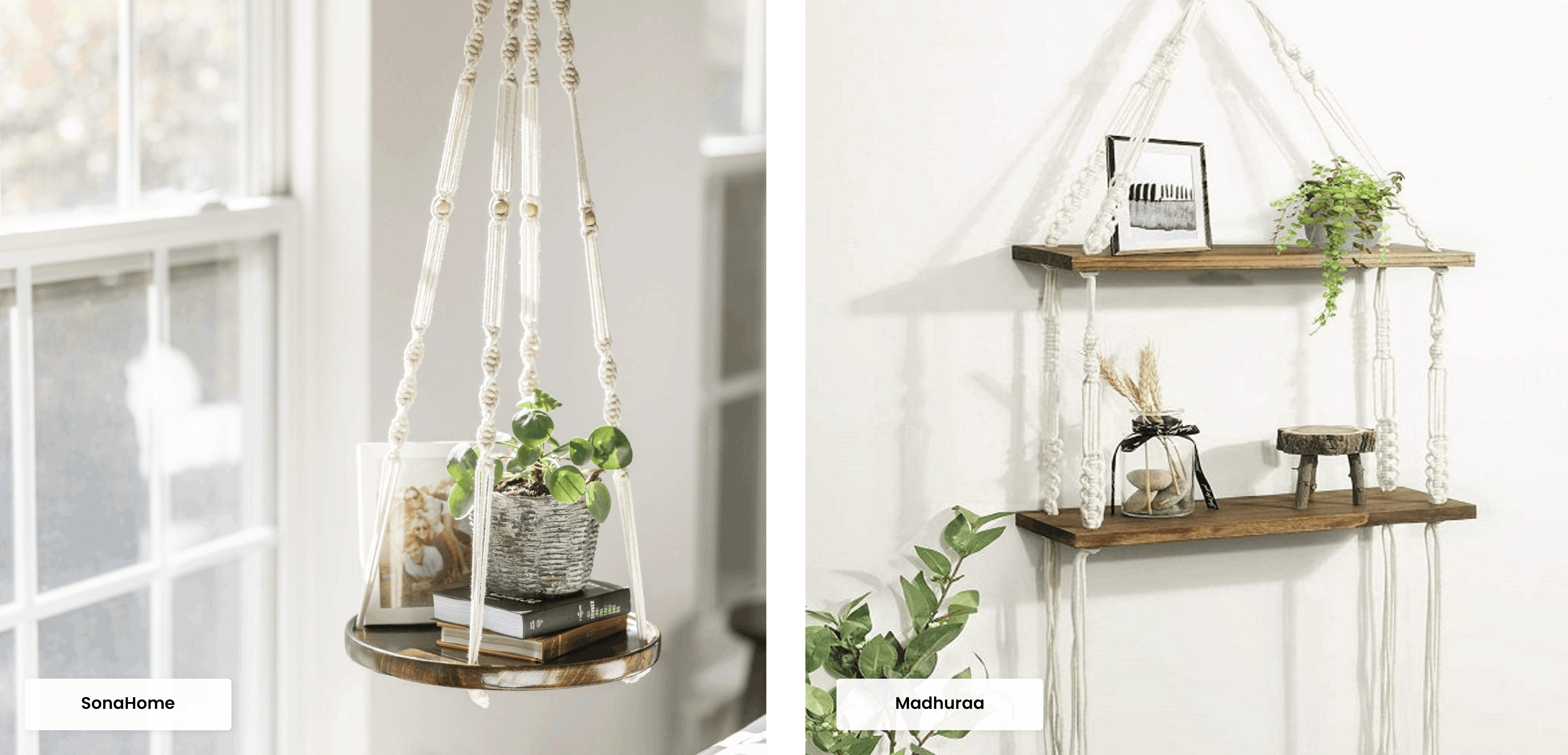  A hanging table with books and pictures, and a hanging wall shelf with plants and knickknacks.