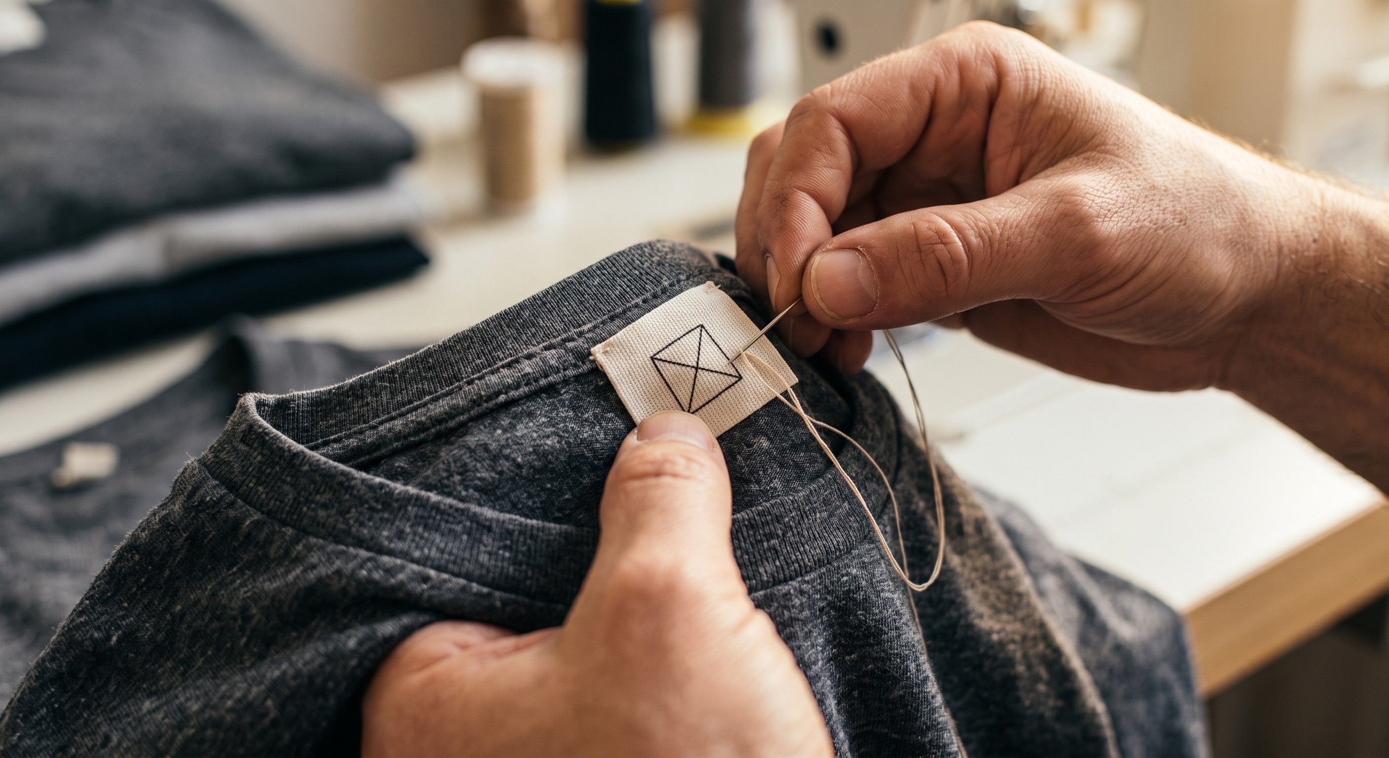  Primer plano de las manos de un artesano cosiendo una etiqueta tejida a medida en el cuello de una camiseta.