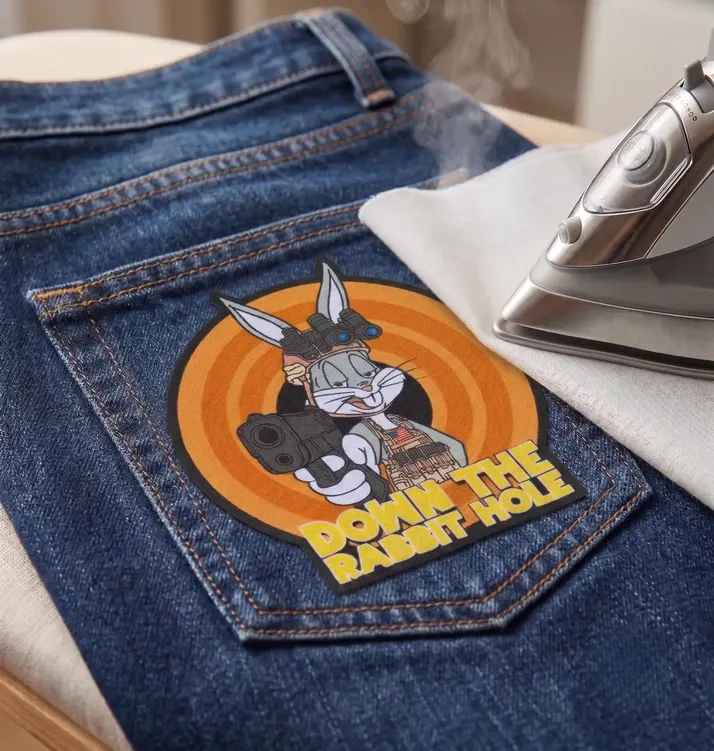 Custom iron-on patch featuring a military rabbit, orange target background, and “Down the Rabbit Hole” woven lettering.