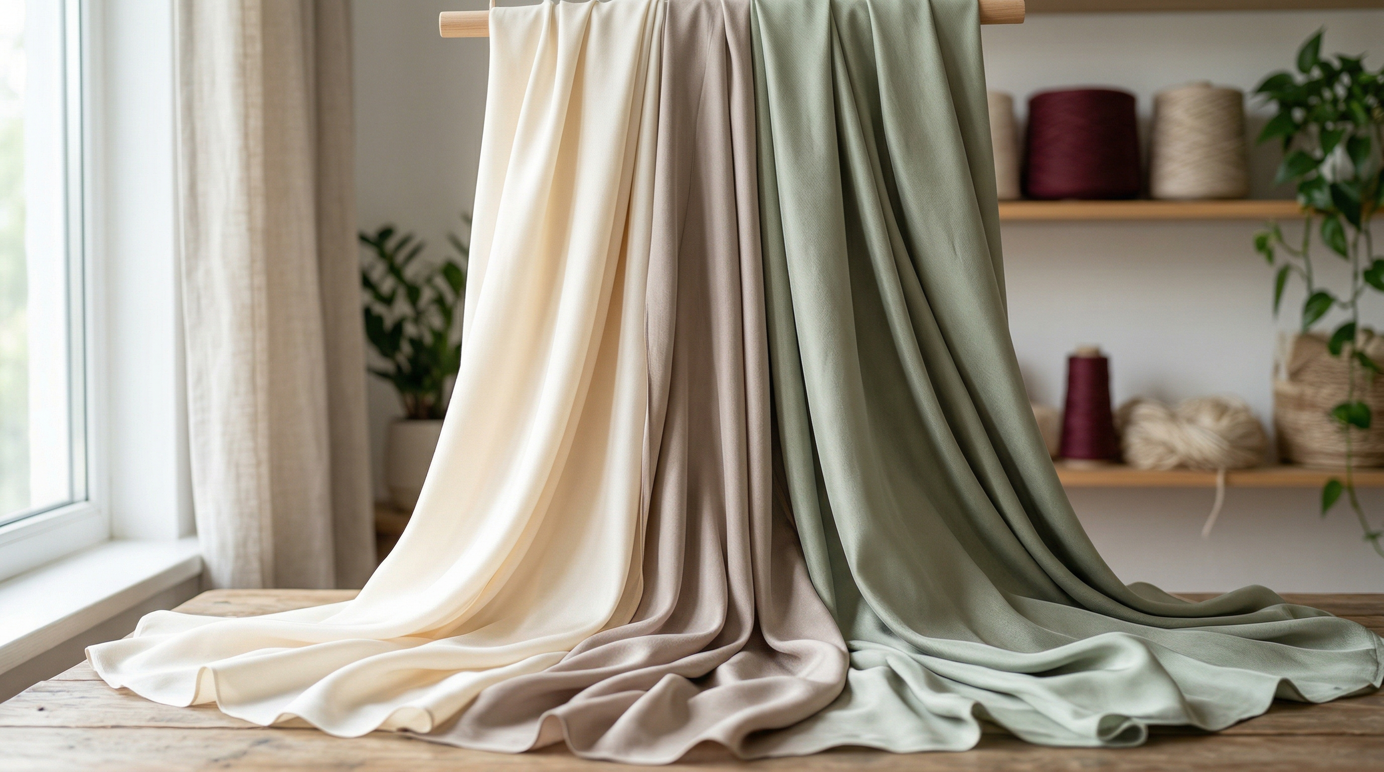  Soft, flowing rayon fabric in cream, beige, and sage green draped over a wooden display.