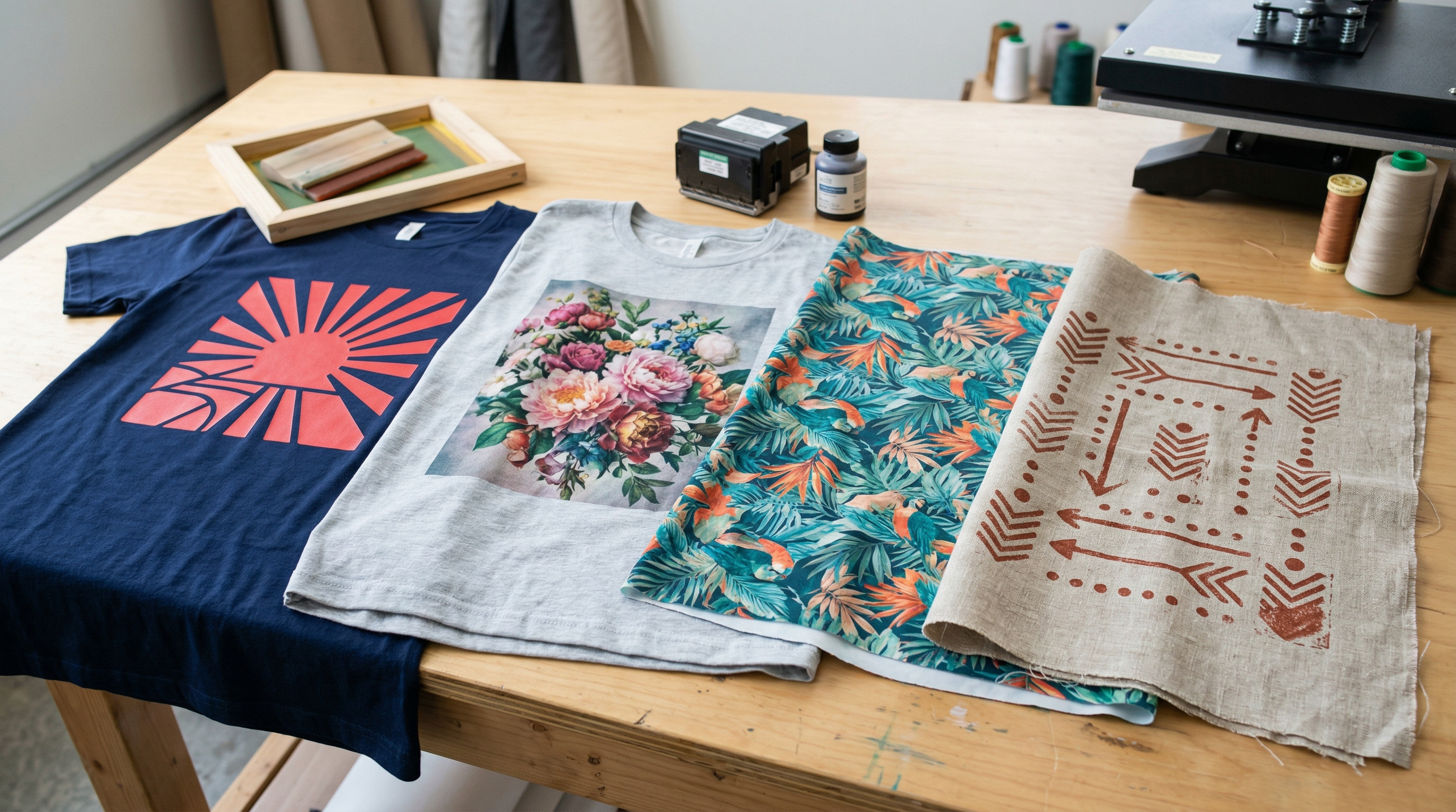 Printed T-shirts and patterned fabric samples arranged on a wooden table for textile printing.