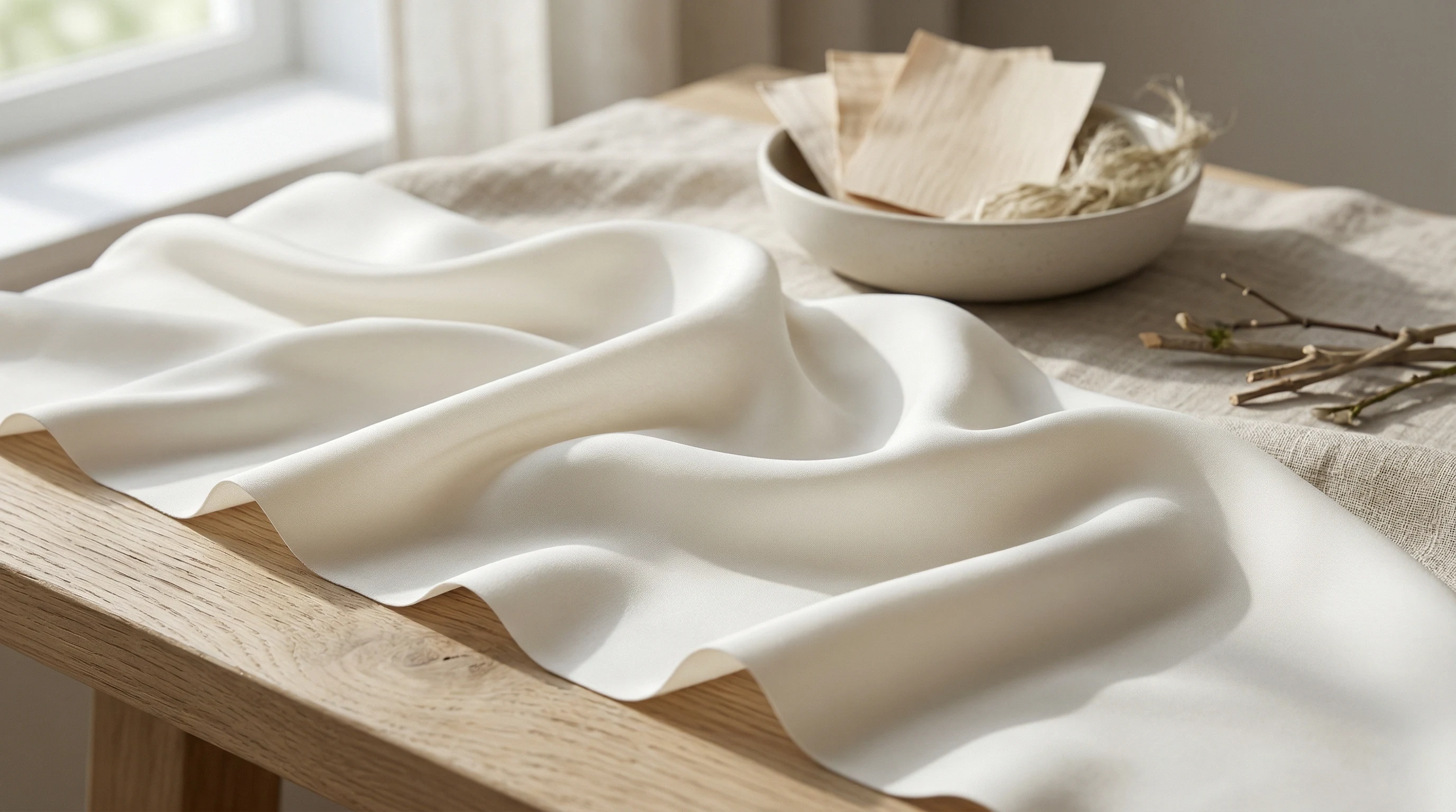  White viscose fabric draped on a wooden table