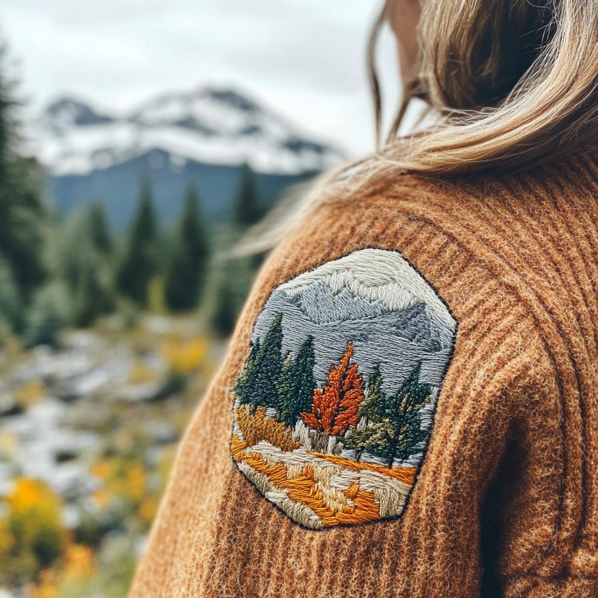 A close-up of an embroidered patch sewn onto a fleece jacket A close-up of an embroidered patch sewn onto a fleece jacket