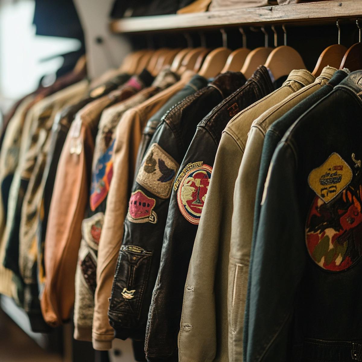 A row of jackets with embroidered patches hanging on wooden hangers A row of jackets with embroidered patches hanging on wooden hangers