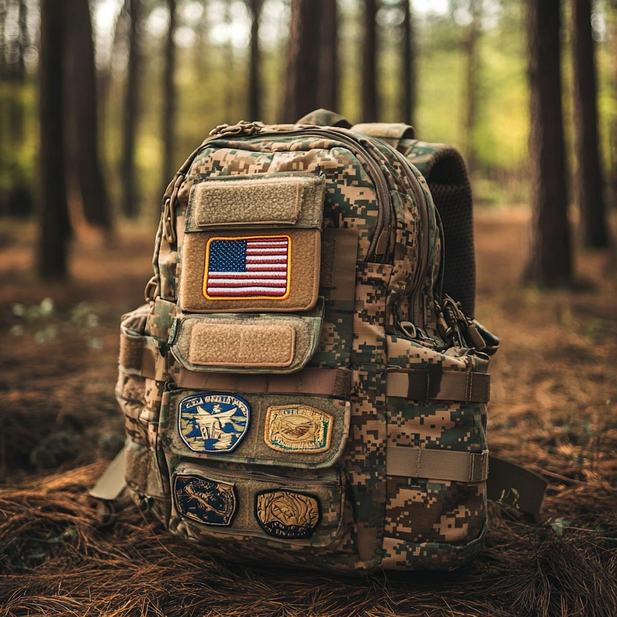 A camouflage tactical backpack with multiple embroidered morale patches A camouflage tactical backpack with multiple embroidered morale patches