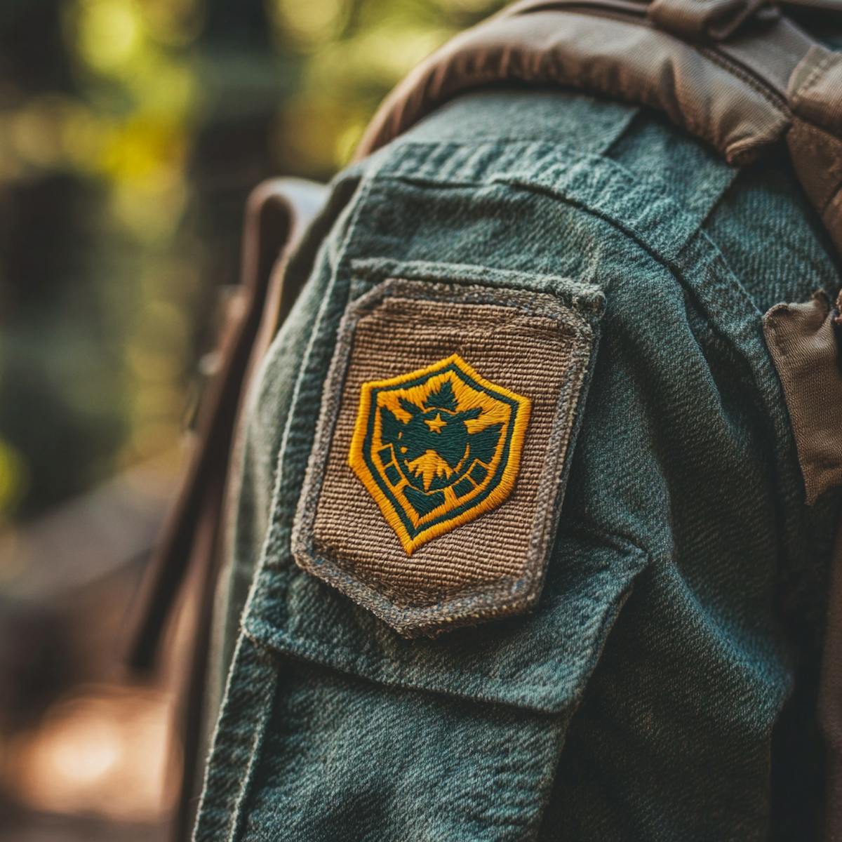 A close-up of a boy scout jacket with an embroidered morale patch A close-up of a boy scout jacket with an embroidered morale patch