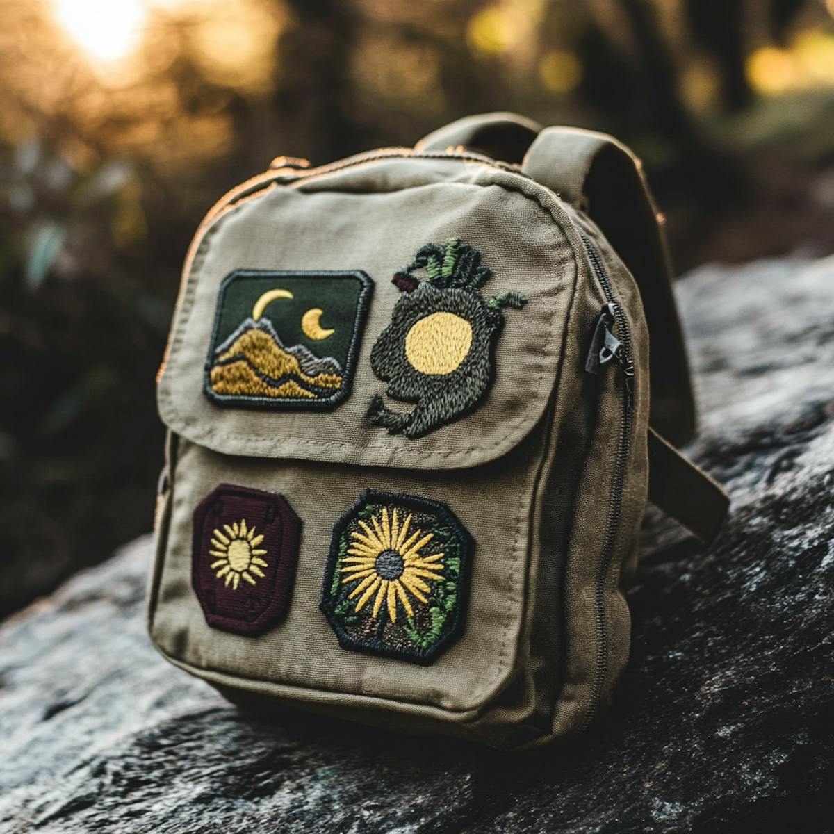 A khaki backpack with embroidered nature-themed patches  A khaki backpack with embroidered nature-themed patches