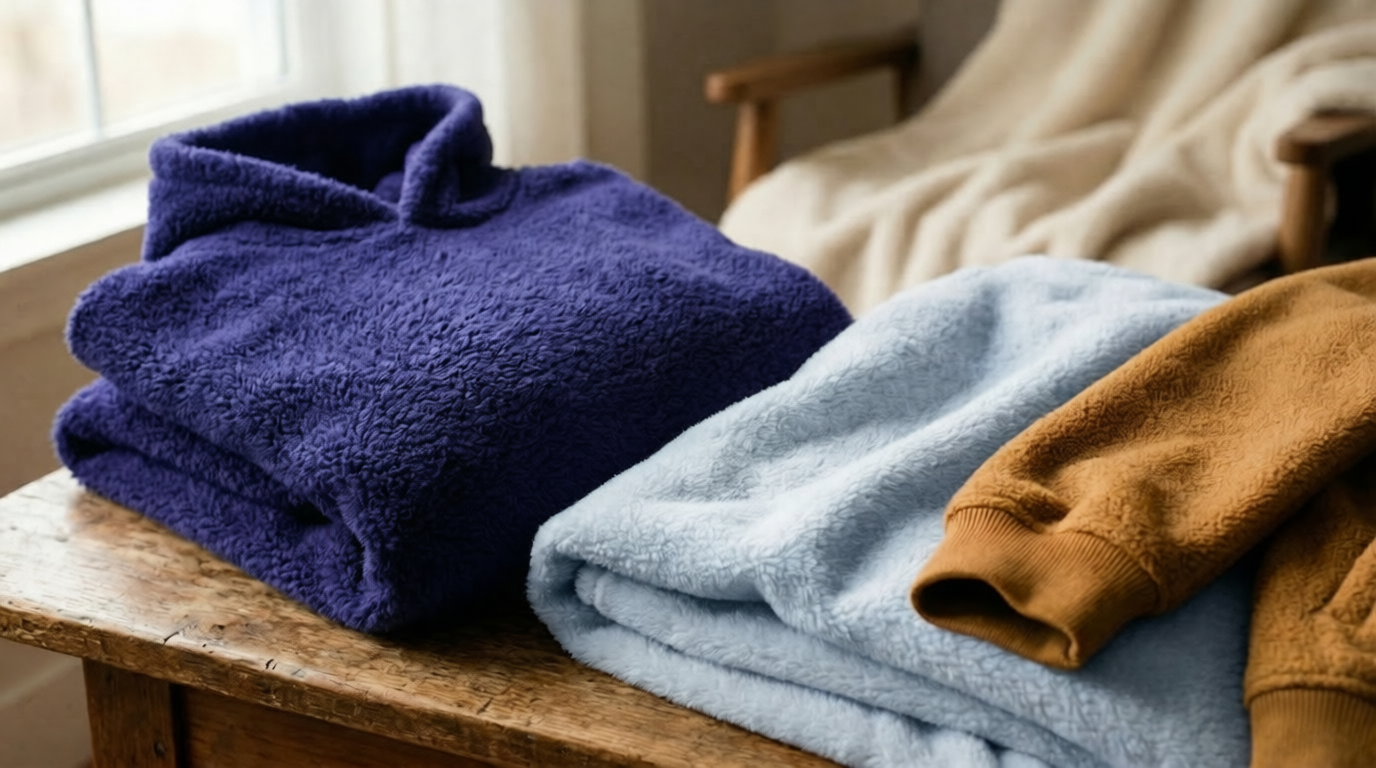  Soft fleece fabric garments in purple, light blue, and brown folded on a rustic wooden table.