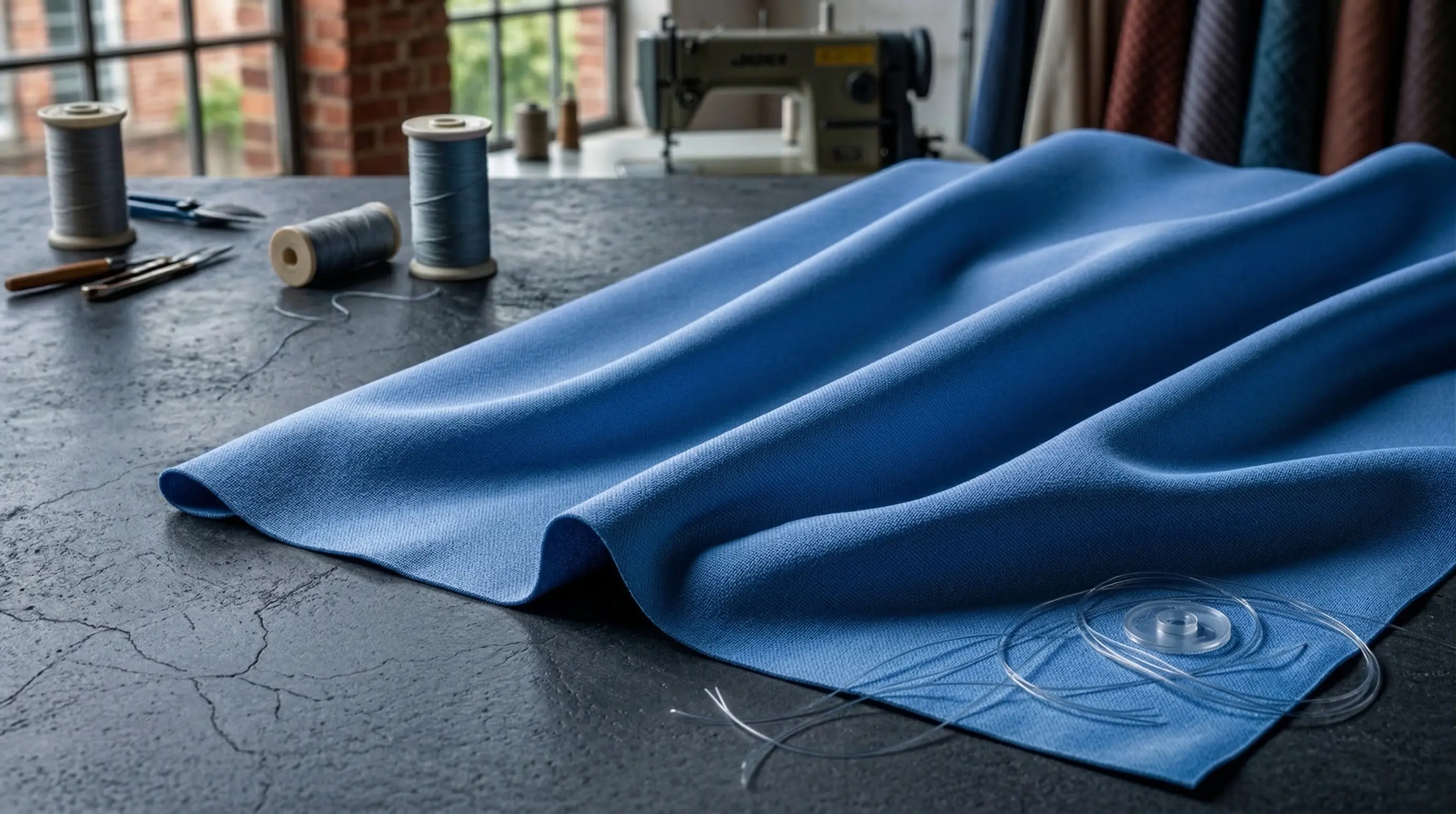 Blue viscose fabric draped on a sewing table with spools of thread and a sewing machine in the background.