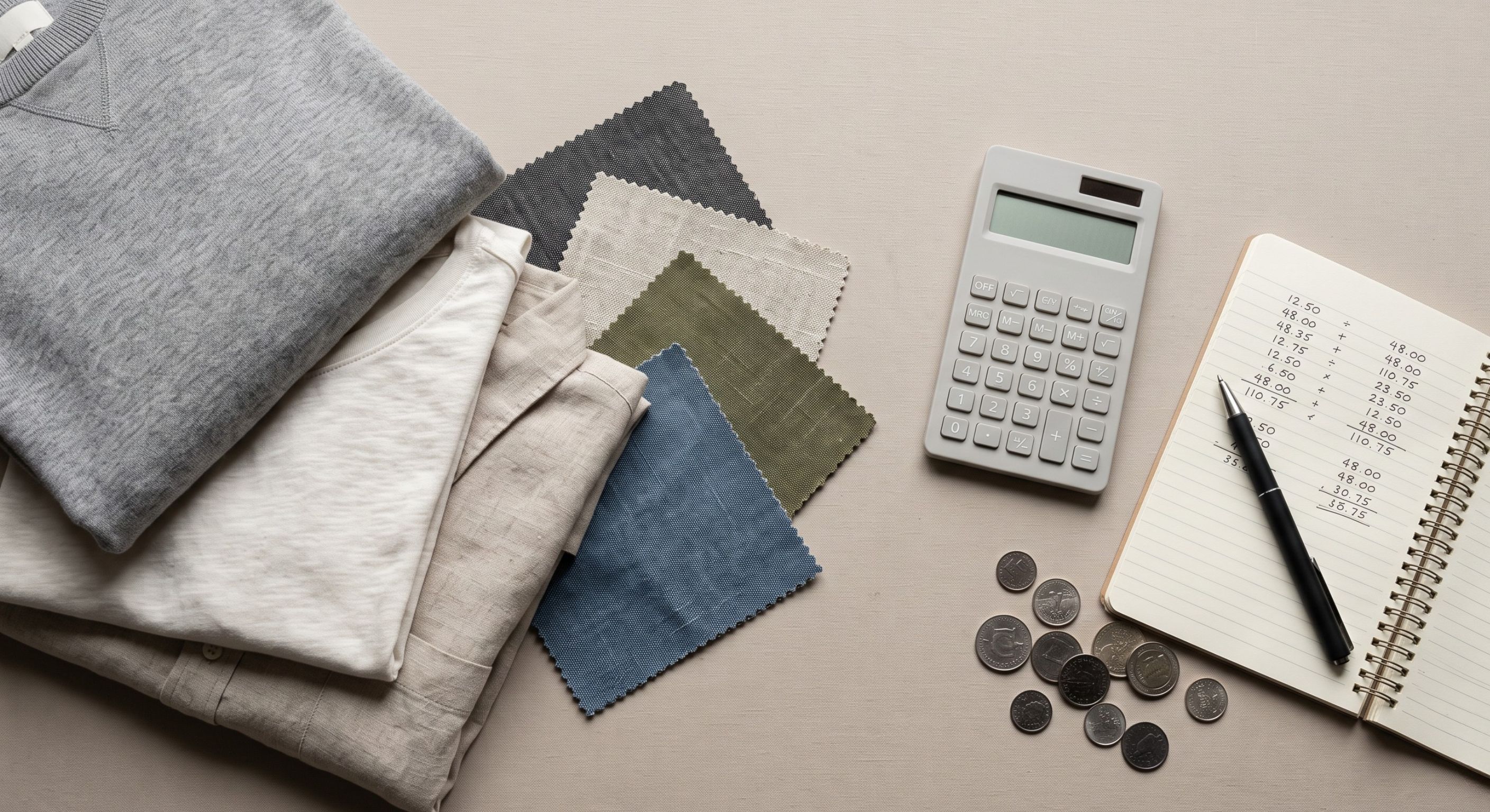  Flat lay of a clothing design workspace featuring folded garments, fabric swatches, a calculator, coins, and a notebook.