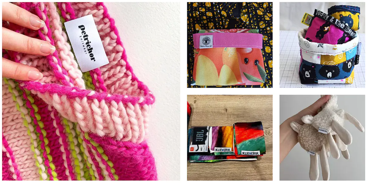  Collage of six handmade textile crafts, including a pink knitted bag with fringe, colorful fabric pouches, woven baskets, a small wallet, and a crocheted plush toy.