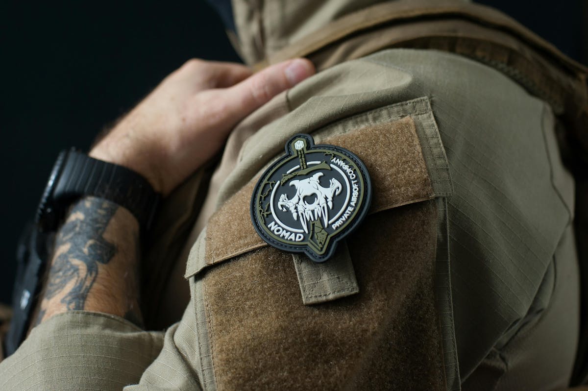 Close-up of a Velcro patch attached to the sleeve of a tactical uniform 