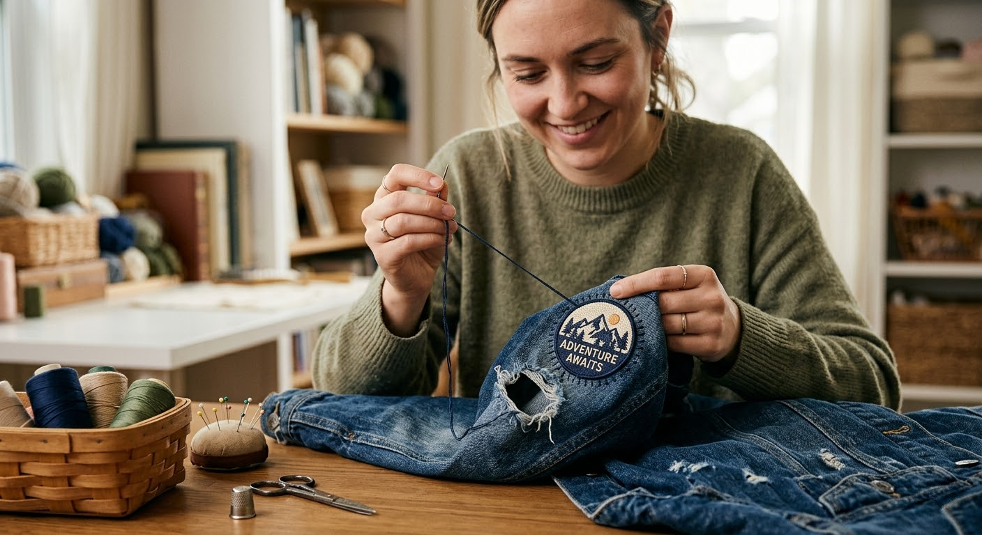  Woman hand-sewing an embroidered patch over a hole in denim jeans