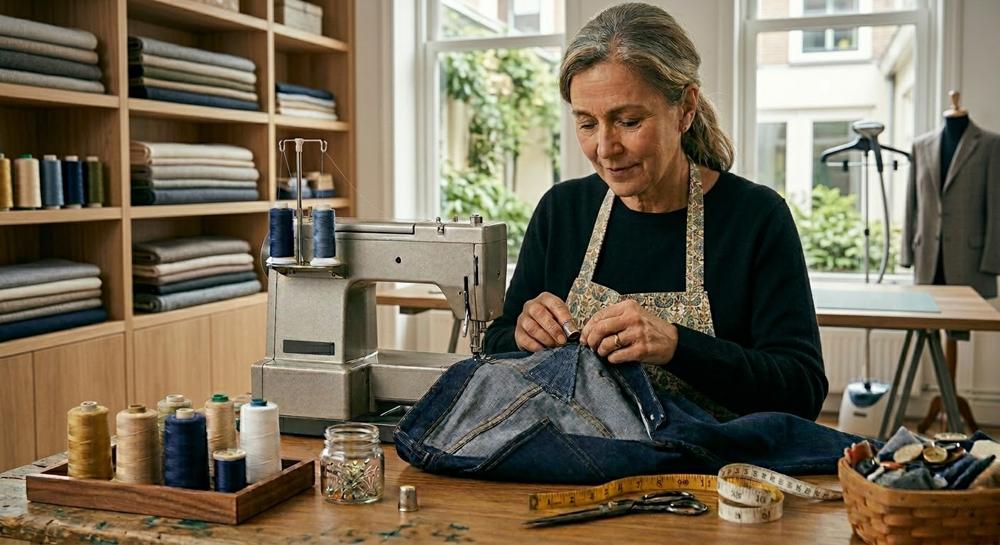  Tailor altering denim jeans by hand next to a sewing machine in a professional workshop