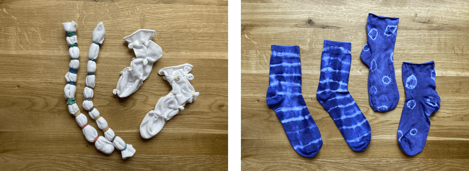  before and after photographs of socks dyed with Indigo dye