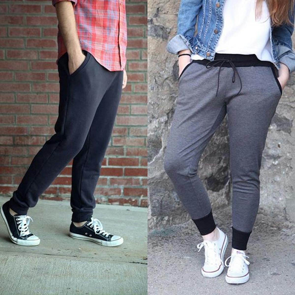 Afbeelding van twee personen in de grijze Hudson Track-broek Afbeelding van twee personen in de grijze Hudson Track-broek