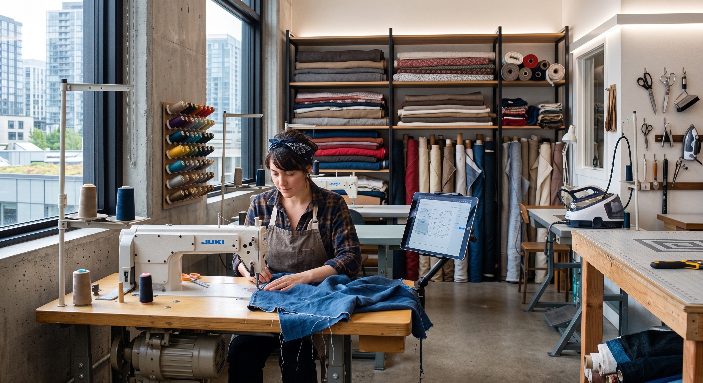  A seamstress working at a sewing machine in a modern, well-lit garment production studio with shelves of fabric rolls.