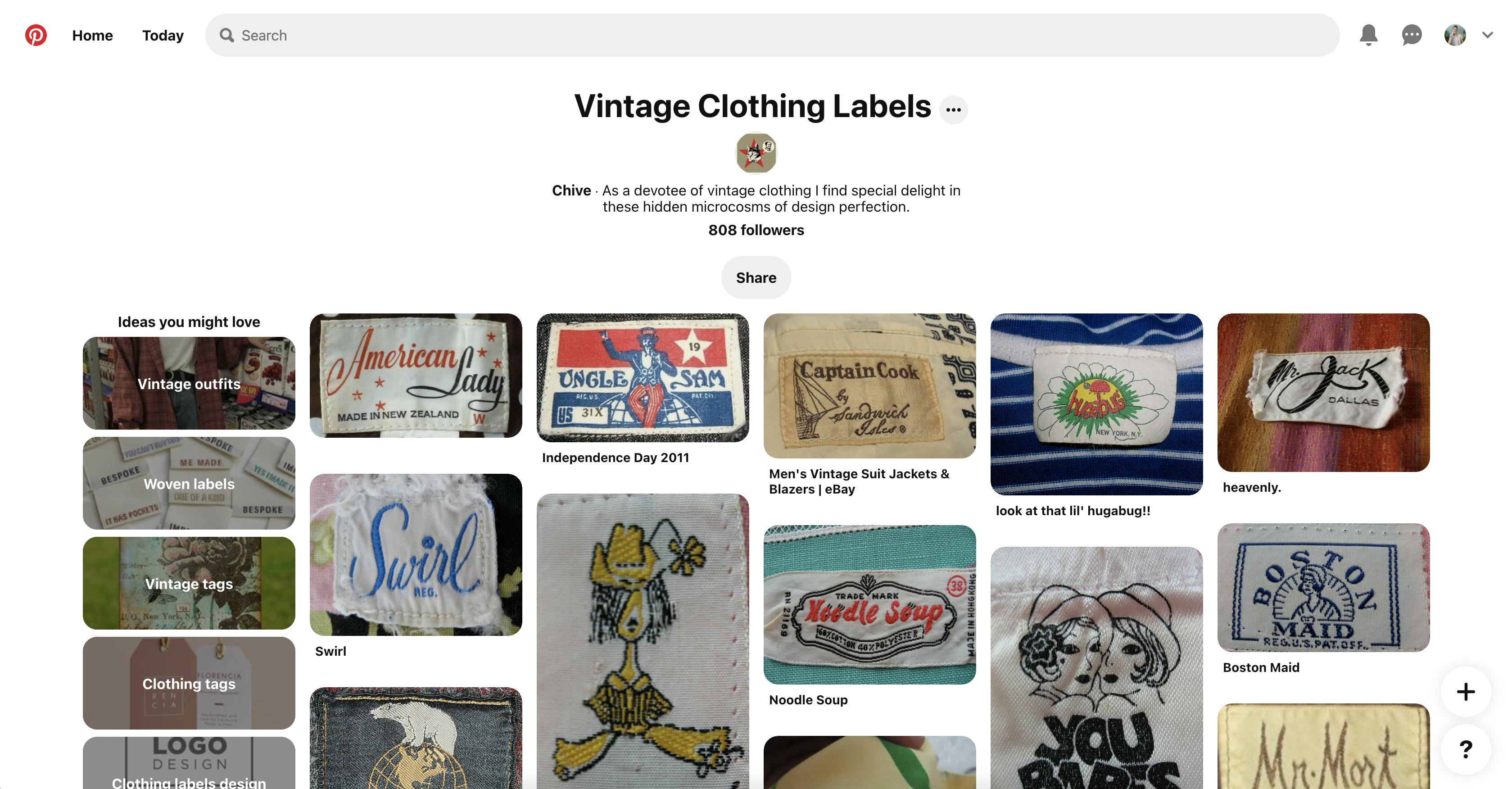 Een schermafbeelding van Chives&#039; board met vintage kledinglabels op Pinterest