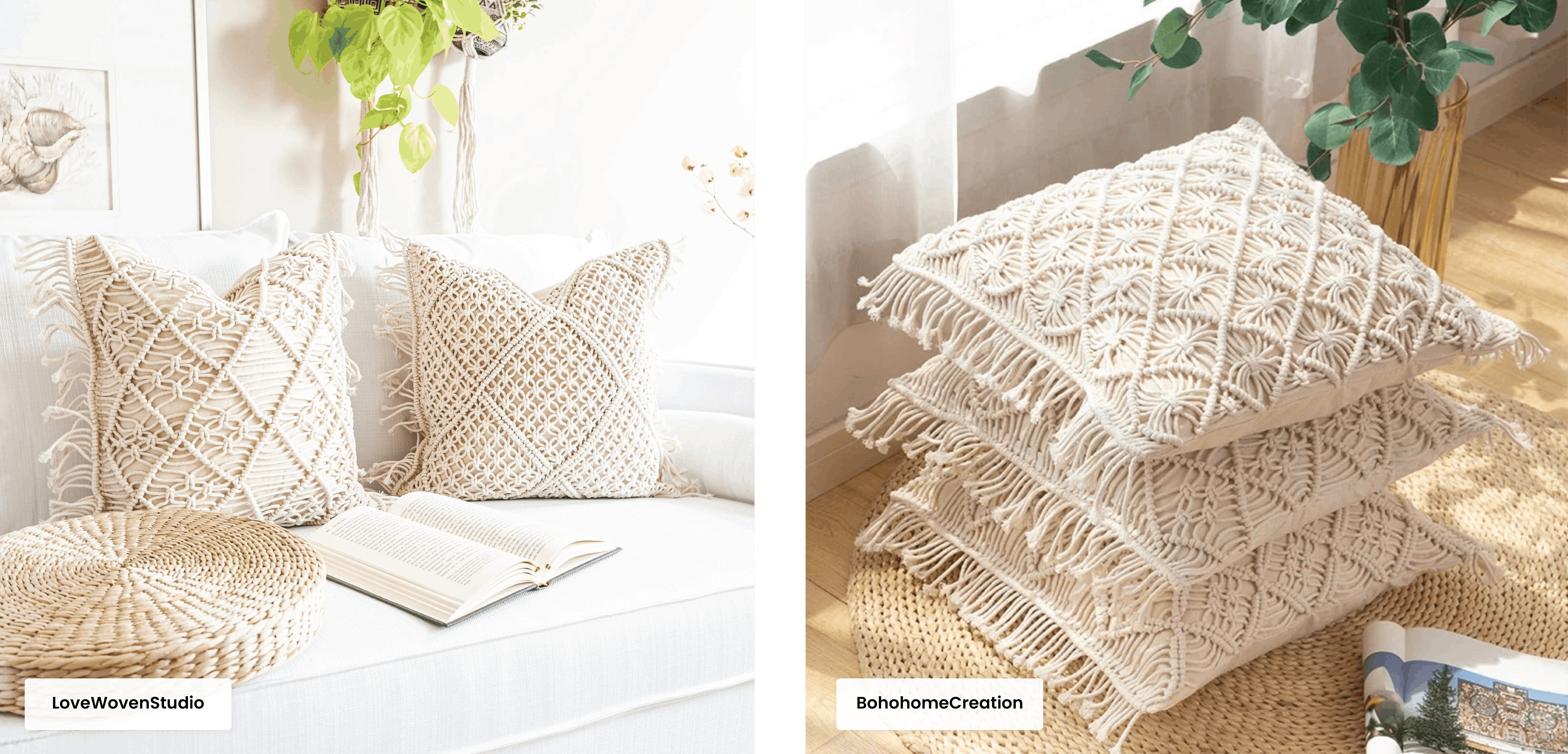  Macrame pillows on couch and stacked in neat pile.