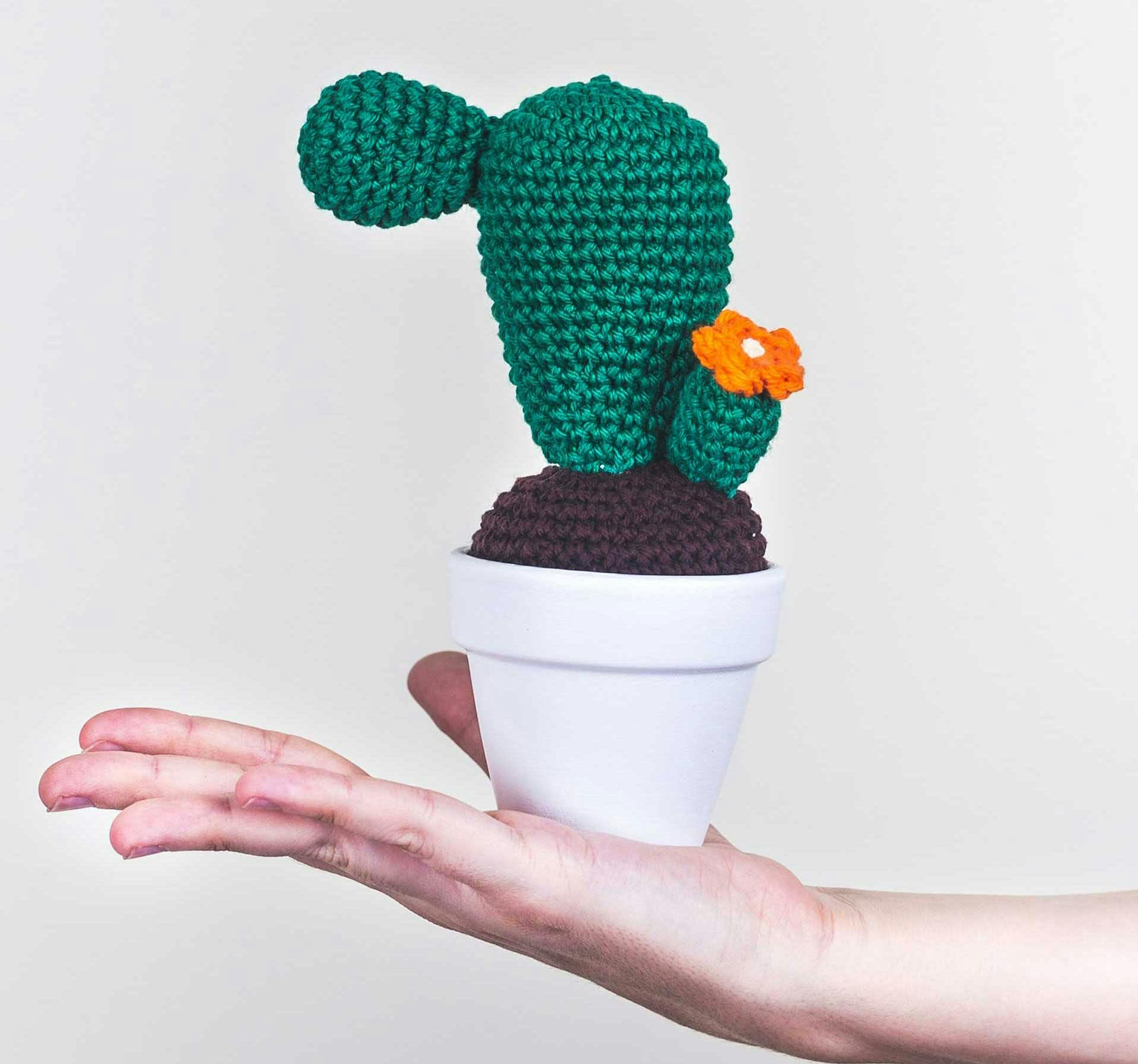  Groene, gehaakte cactus in een pot.