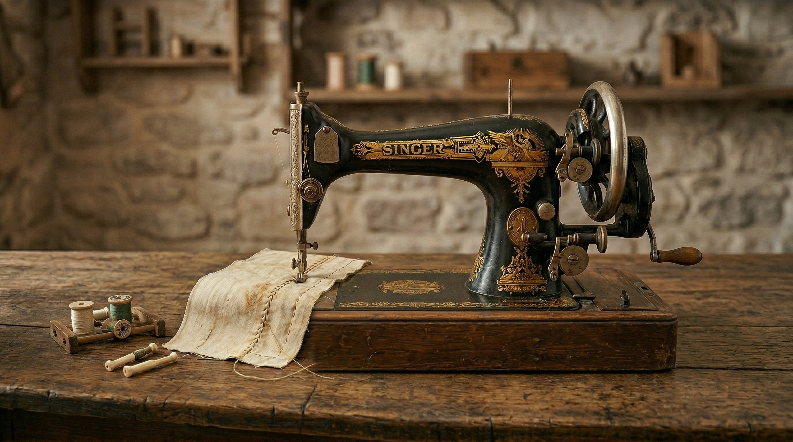  Vintage sewing machine with fabric, thread spools, and sewing tools on a rustic wooden table.