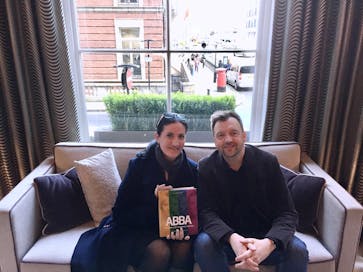 Maria Nicholas and I in London in April 2017, when I was able to show her a finished copy of ABBA - The Complete Recording Sessions for the first time.