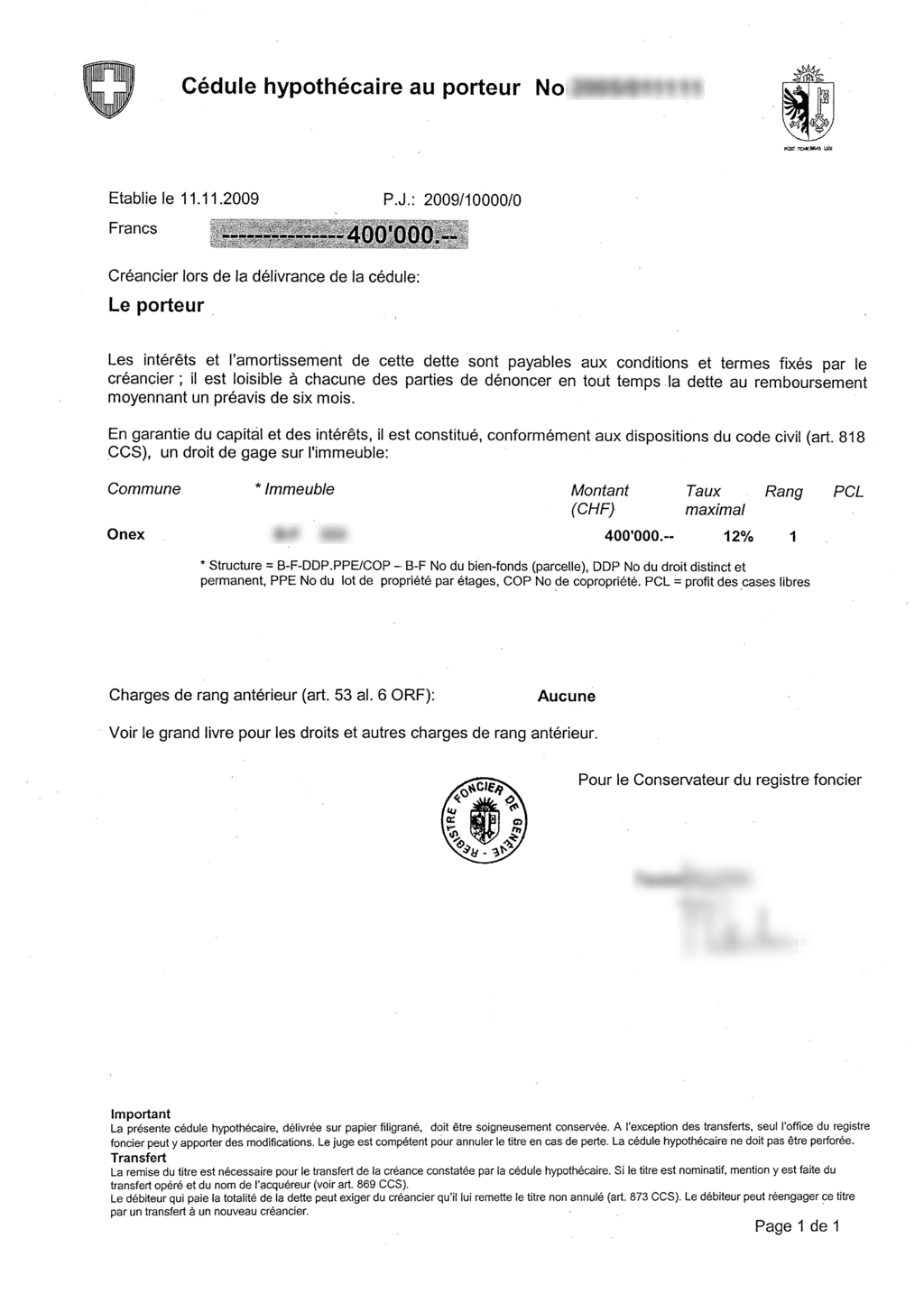 Esempio di un certificato ipotecario